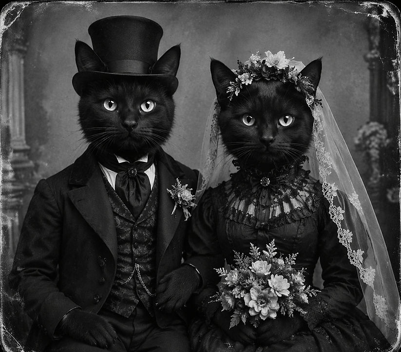 A gothic portrait of the shop's two black cats
