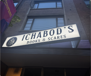 Ichabod's storefront sign, Books & Scares